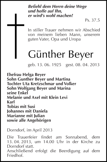 Traueranzeige von Günther Beyer von Mitteldeutsche Zeitung Naumburg/Nebra
