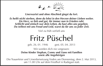 Traueranzeige von Fritz Püschel von Mitteldeutsche Zeitung Köthen
