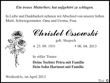Traueranzeige von Christel Ossowski von Mitteldeutsche Zeitung Weißenfels