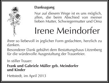 Traueranzeige von Irene Meindorfer von Mitteldeutsche Zeitung Aschersleben