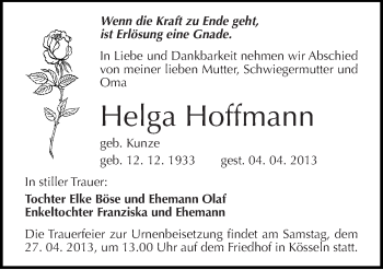 Traueranzeige von Helga Hoffmann von Mitteldeutsche Zeitung Halle/Saalkreis