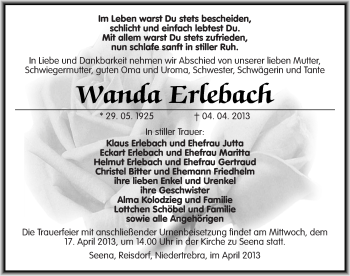 Traueranzeige von Wanda Erlebach von Mitteldeutsche Zeitung Naumburg/Nebra