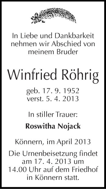 Traueranzeige von Winfried Röhrig von Mitteldeutsche Zeitung Bernburg