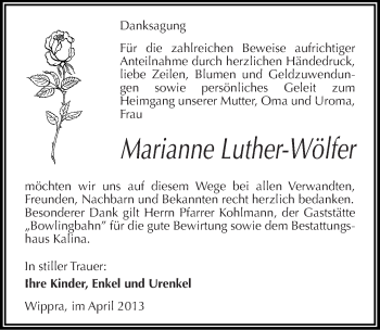 Traueranzeige von Marianne Luther-Wölfer von Mitteldeutsche Zeitung Aschersleben