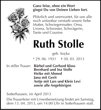 Traueranzeige von Ruth Stolle von Mitteldeutsche Zeitung Sangerhausen