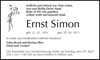 Traueranzeige von Ernst Simon von Mitteldeutsche Zeitung Halle/Saalkreis