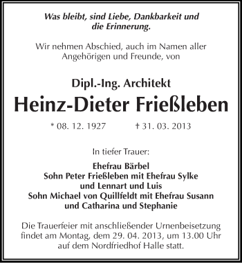 Traueranzeige von Heinz-Dieter Frießleben von Mitteldeutsche Zeitung Halle/Saalkreis
