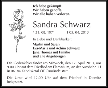 Traueranzeige von Sandra Schwarz von Mitteldeutsche Zeitung Halle/Saalkreis