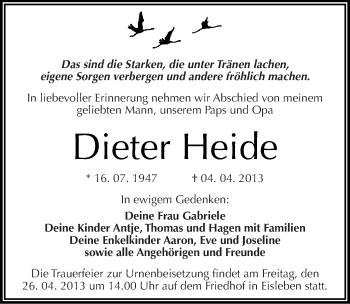 Traueranzeige von Dieter Heide von Mitteldeutsche Zeitung Aschersleben