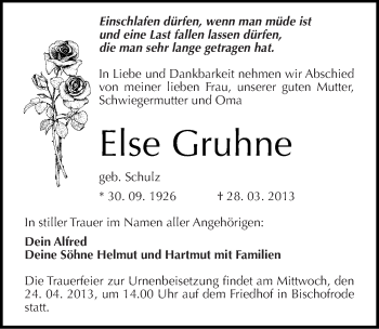Traueranzeige von Else Gruhne von Mitteldeutsche Zeitung Aschersleben