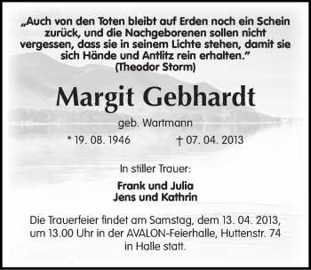 Traueranzeige von Margit Gebhardt von Mitteldeutsche Zeitung Halle/Saalkreis
