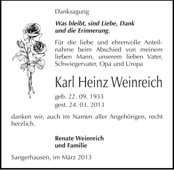 Traueranzeige von Karl Heinz Weinreich von Mitteldeutsche Zeitung Sangerhausen