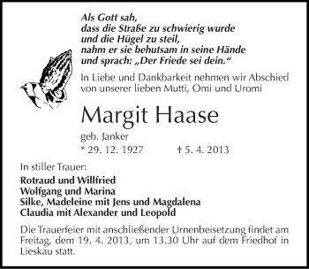 Traueranzeige von Margit Haase von Mitteldeutsche Zeitung Halle/Saalkreis