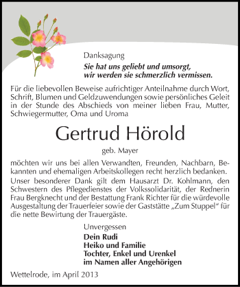 Traueranzeige von Gertrud Hörold von Mitteldeutsche Zeitung Sangerhausen