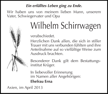 Traueranzeige von Wilhelm Schirrwagen von Mitteldeutsche Zeitung Wittenberg