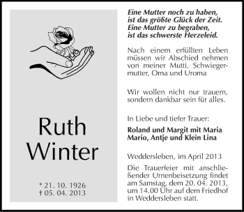 Traueranzeige von Ruth Winter von Mitteldeutsche Zeitung Quedlinburg