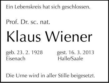 Traueranzeige von Klaus Wiener von Mitteldeutsche Zeitung Halle/Saalkreis