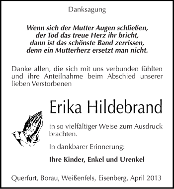 Traueranzeige von Erika Hildebrand von Mitteldeutsche Zeitung Weißenfels