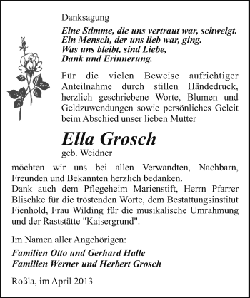 Traueranzeige von Ella Grosch von Mitteldeutsche Zeitung Sangerhausen