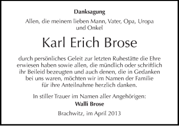 Traueranzeige von Karl Erich Brose von Mitteldeutsche Zeitung Halle/Saalkreis