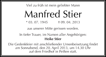 Traueranzeige von Manfred Stier von Mitteldeutsche Zeitung Halle/Saalkreis
