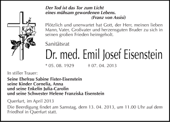 Traueranzeige von Emil Josef Eisenstein von Mitteldeutsche Zeitung Merseburg/Querfurt