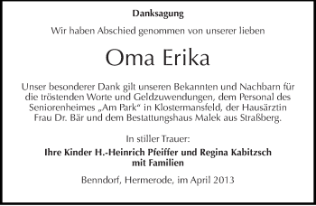 Traueranzeige von Erika  von Mitteldeutsche Zeitung Aschersleben