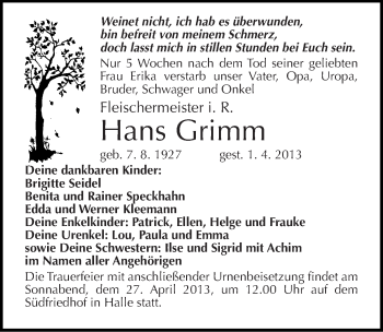 Traueranzeige von Hans Grimm von Mitteldeutsche Zeitung Halle/Saalkreis
