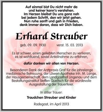 Traueranzeige von Erhard Streuber von Mitteldeutsche Zeitung Köthen