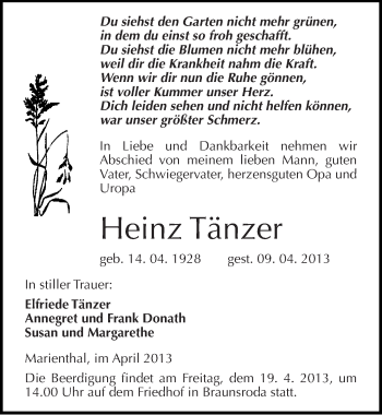 Traueranzeige von Heinz Tänzer von Mitteldeutsche Zeitung Naumburg/Nebra