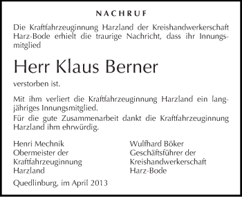 Traueranzeige von Klaus Berner von Mitteldeutsche Zeitung Quedlinburg