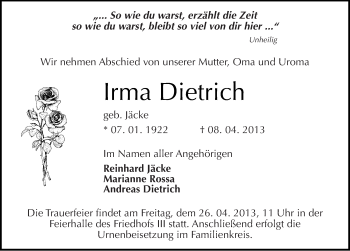 Traueranzeige von Irma Dietrich von Mitteldeutsche Zeitung Dessau-Roßlau