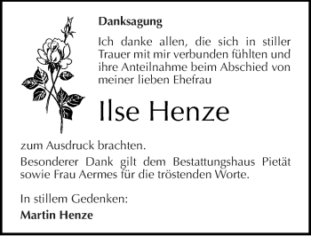 Traueranzeige von Ilse Henze von Mitteldeutsche Zeitung Bitterfeld