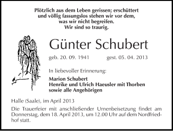 Traueranzeige von Günter Schubert von Mitteldeutsche Zeitung Halle/Saalkreis