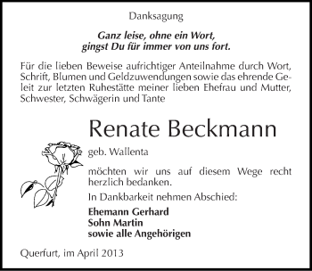 Traueranzeige von Renate Beckmann von Mitteldeutsche Zeitung Merseburg/Querfurt