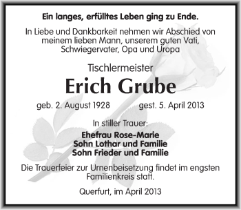 Traueranzeige von Erich Grube von Mitteldeutsche Zeitung Merseburg/Querfurt