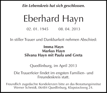 Traueranzeige von Eberhard Hayn von Mitteldeutsche Zeitung Quedlinburg