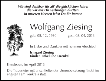 Traueranzeige von Wolfgang Ziesing von Mitteldeutsche Zeitung Quedlinburg