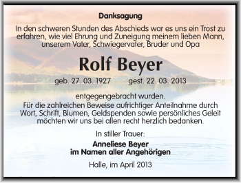 Traueranzeige von Rolf Beyer von Mitteldeutsche Zeitung Halle/Saalkreis