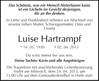 Traueranzeige von Luise Hartrampf von Mitteldeutsche Zeitung Halle/Saalkreis