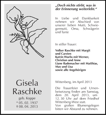 Traueranzeige von Gisela Raschke von Mitteldeutsche Zeitung Wittenberg