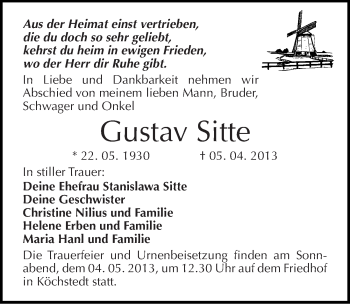 Traueranzeige von Gustav Sitte von Mitteldeutsche Zeitung Halle/Saalkreis