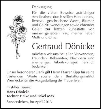 Traueranzeige von Gertraud Dönicke von Mitteldeutsche Zeitung Aschersleben