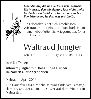 Traueranzeige von Waltraud Jungfer von Mitteldeutsche Zeitung Aschersleben