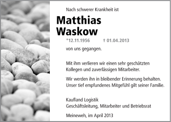 Traueranzeige von Matthias Waskow von Mitteldeutsche Zeitung