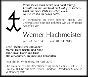 Traueranzeige von Werner Hachmeister von Mitteldeutsche Zeitung
