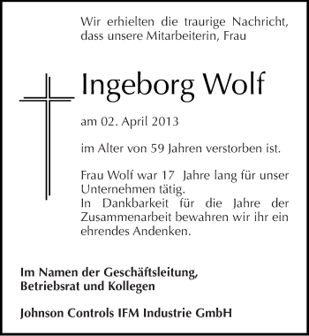 Traueranzeige von Ingeborg Wolf von Mitteldeutsche Zeitung Köthen