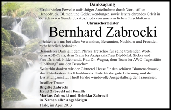 Traueranzeige von Bernhard Zabrocki von Mitteldeutsche Zeitung Quedlinburg