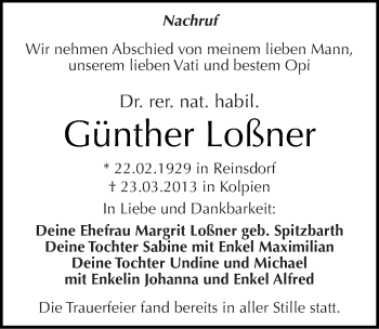 Traueranzeige von Günther Loßner von Mitteldeutsche Zeitung Köthen
