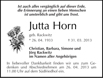 Traueranzeige von Jutta Horn von Mitteldeutsche Zeitung Halle/Saalkreis